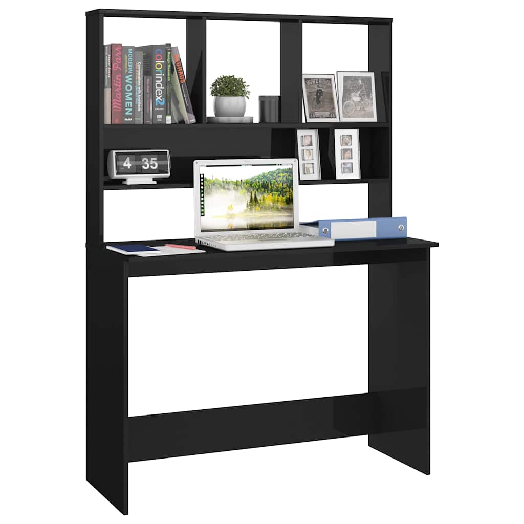 Bureau Met Schappen 110X45X157 Cm Bewerkt Hout Hoogglans zwart