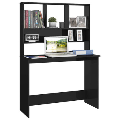 Bureau Met Schappen 110X45X157 Cm Bewerkt Hout Hoogglans zwart