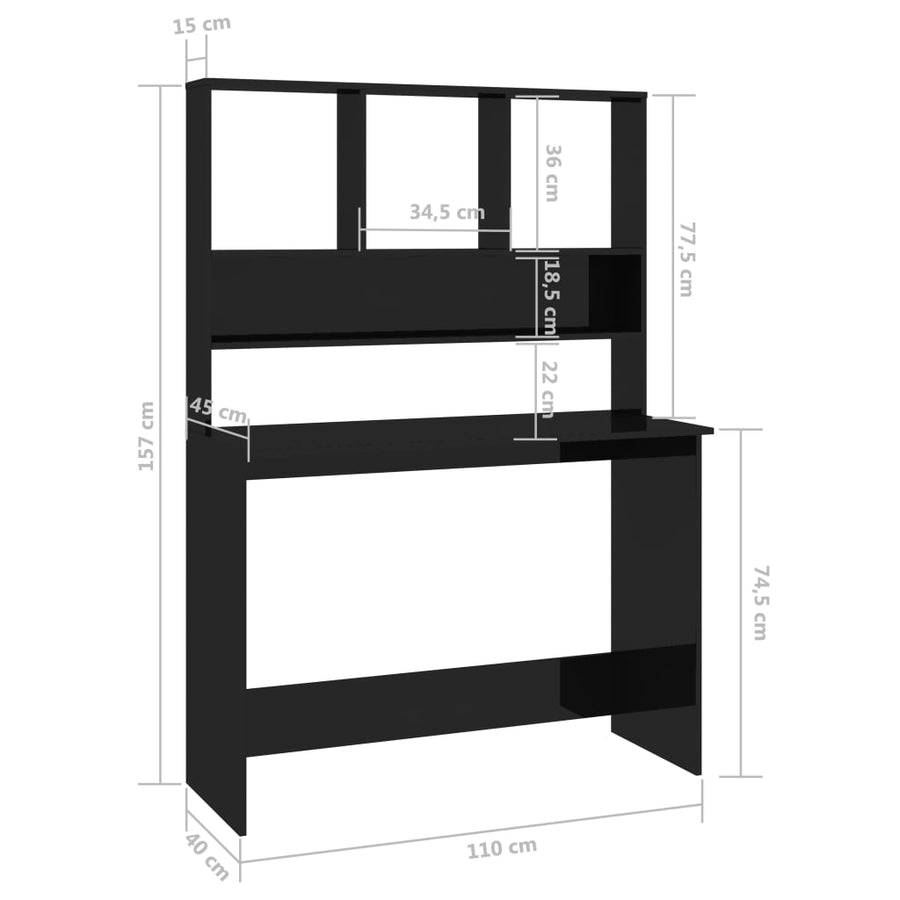 Bureau Met Schappen 110X45X157 Cm Bewerkt Hout Hoogglans zwart