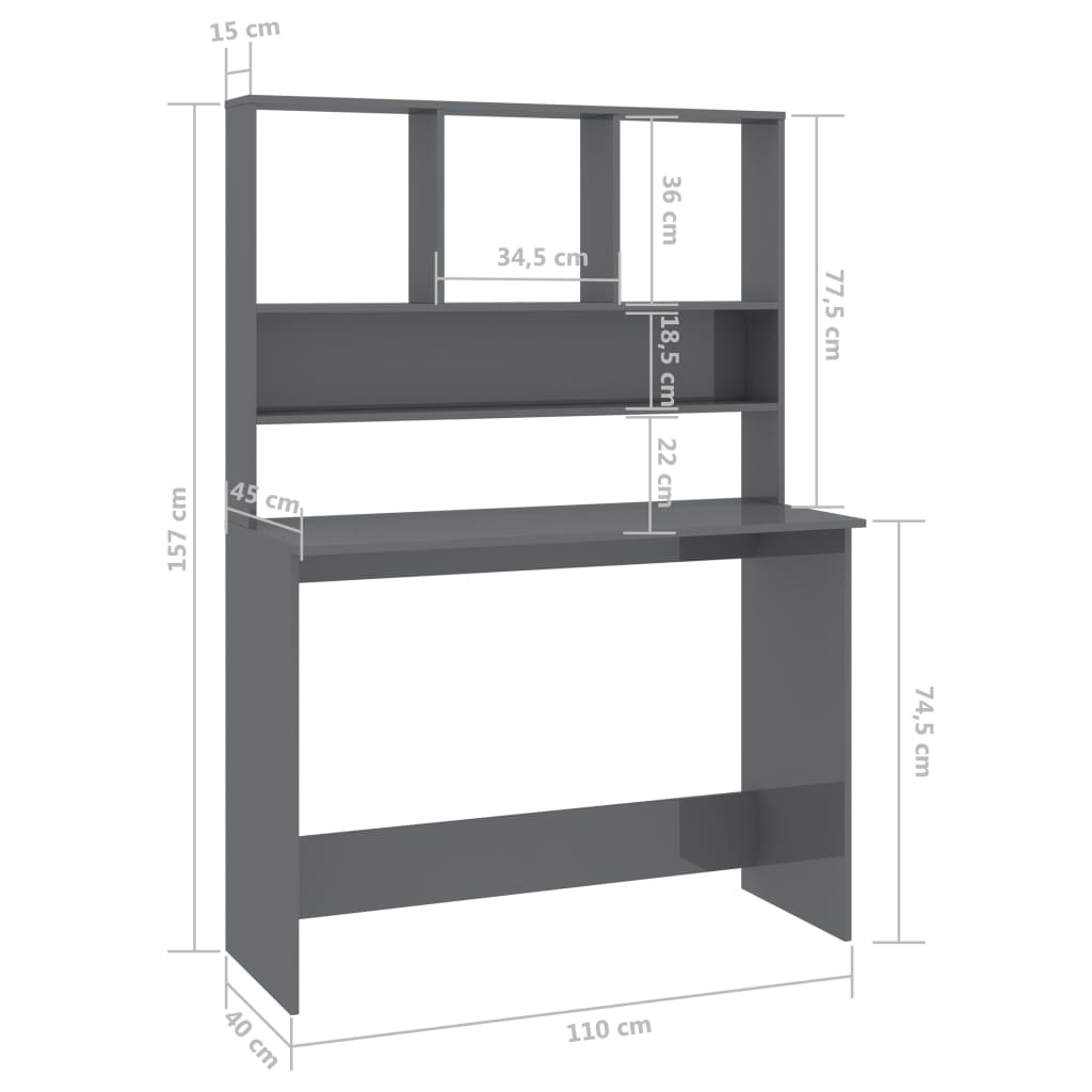 Bureau Met Schappen 110X45X157 Cm Bewerkt Hout Hoogglans grijs