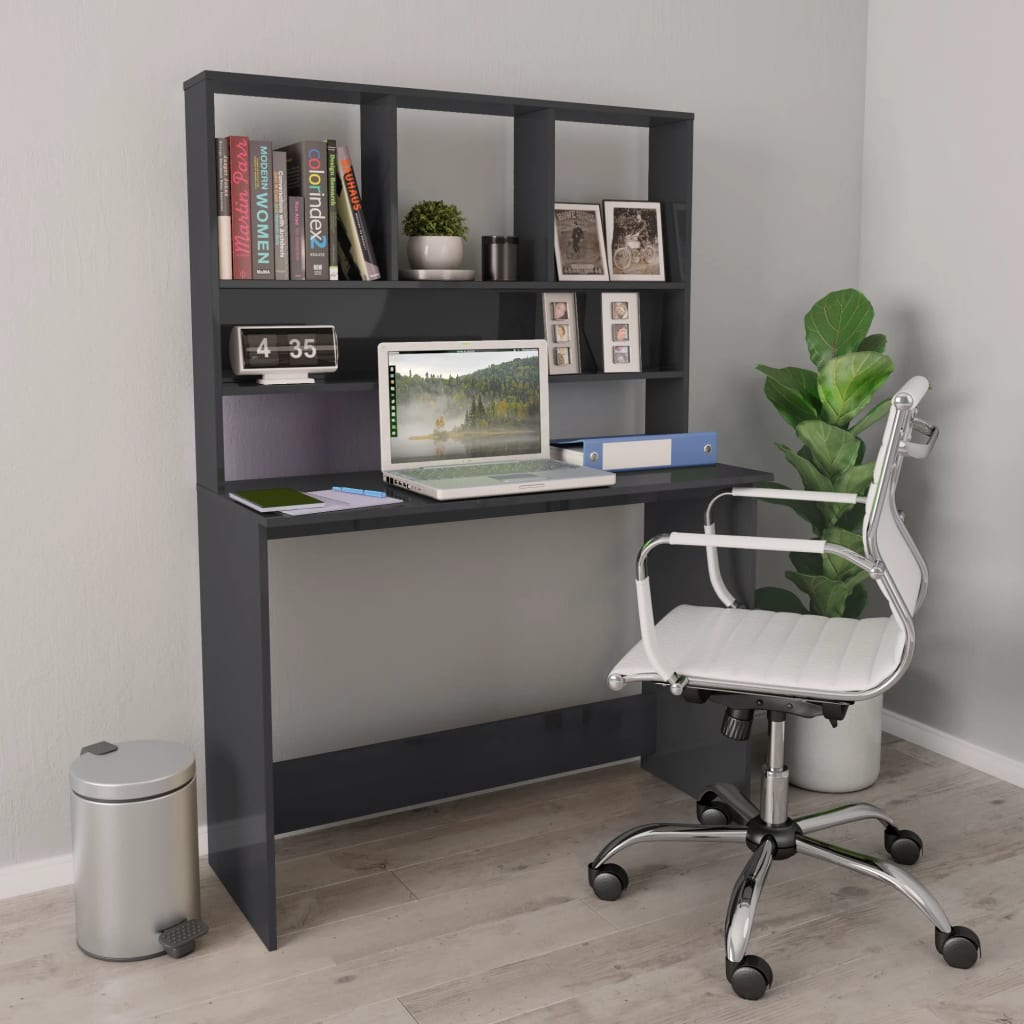 Bureau Met Schappen 110X45X157 Cm Bewerkt Hout Hoogglans grijs