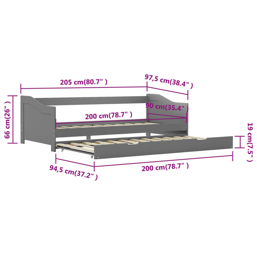 Bedbankframe Uittrekbaar Grenenhout 90X200 Cm Grijs