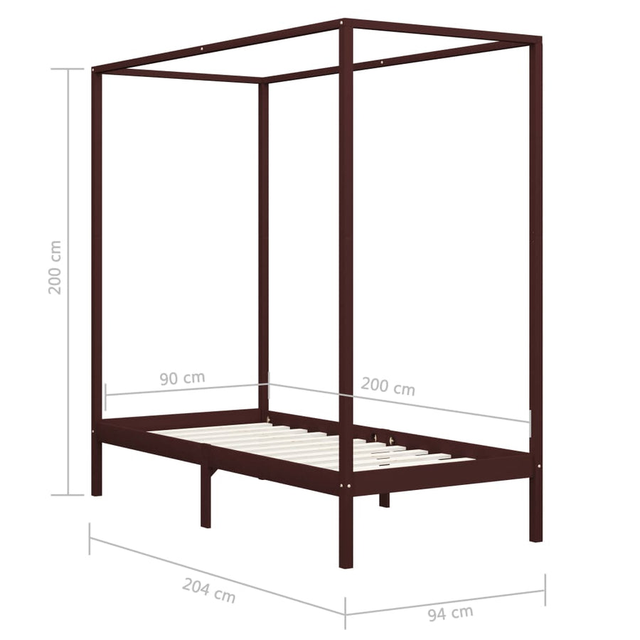 Hemelbedframe Massief Grenenhout 90 x 200 cm Donkerbruin