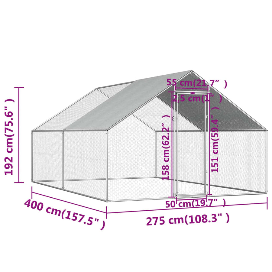 Kippenhok 2,75x4x1,92 m gegalvaniseerd staal 2.75 x 4 x 1.92 m