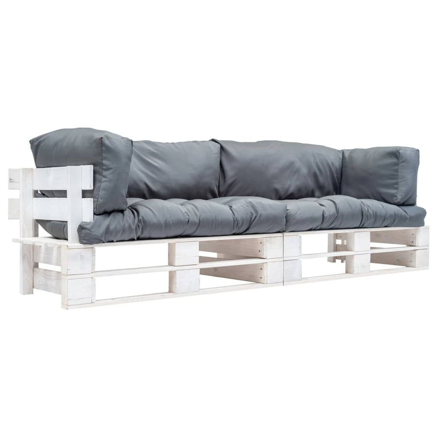 2-Delige Bankenset Pallet Met Grijze Kussens Grenenhout Wit en grijs