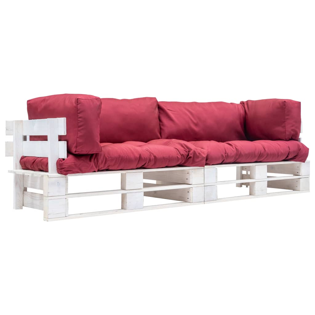 2-Delige Bankenset Pallet Met Rode Kussens Grenenhout Wit en rood