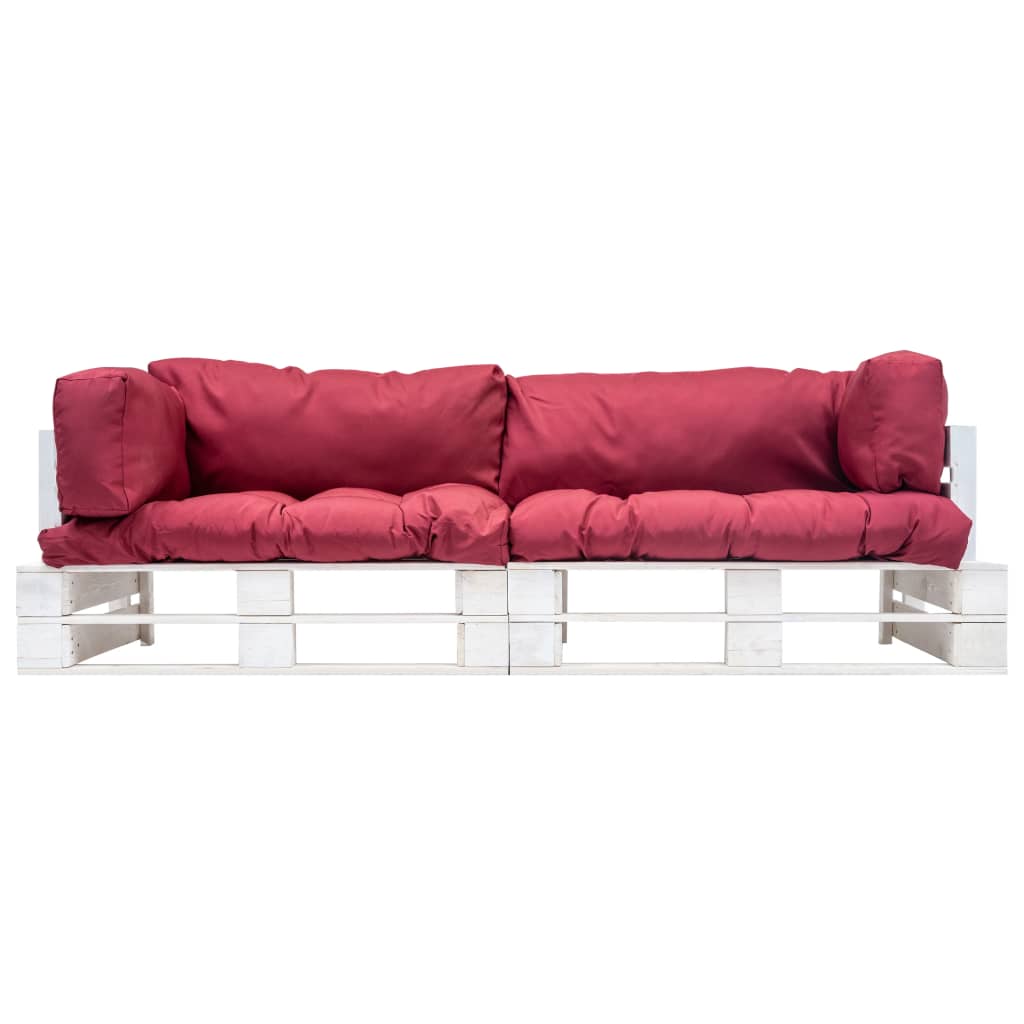 2-Delige Bankenset Pallet Met Rode Kussens Grenenhout Wit en rood