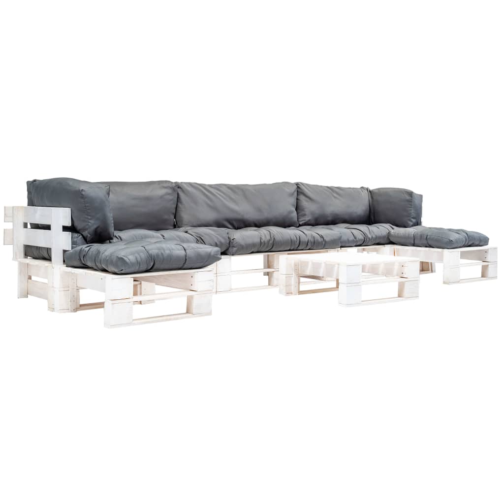 Loungeset Pallet Met Grijze Kussens Hout Wit en grijs