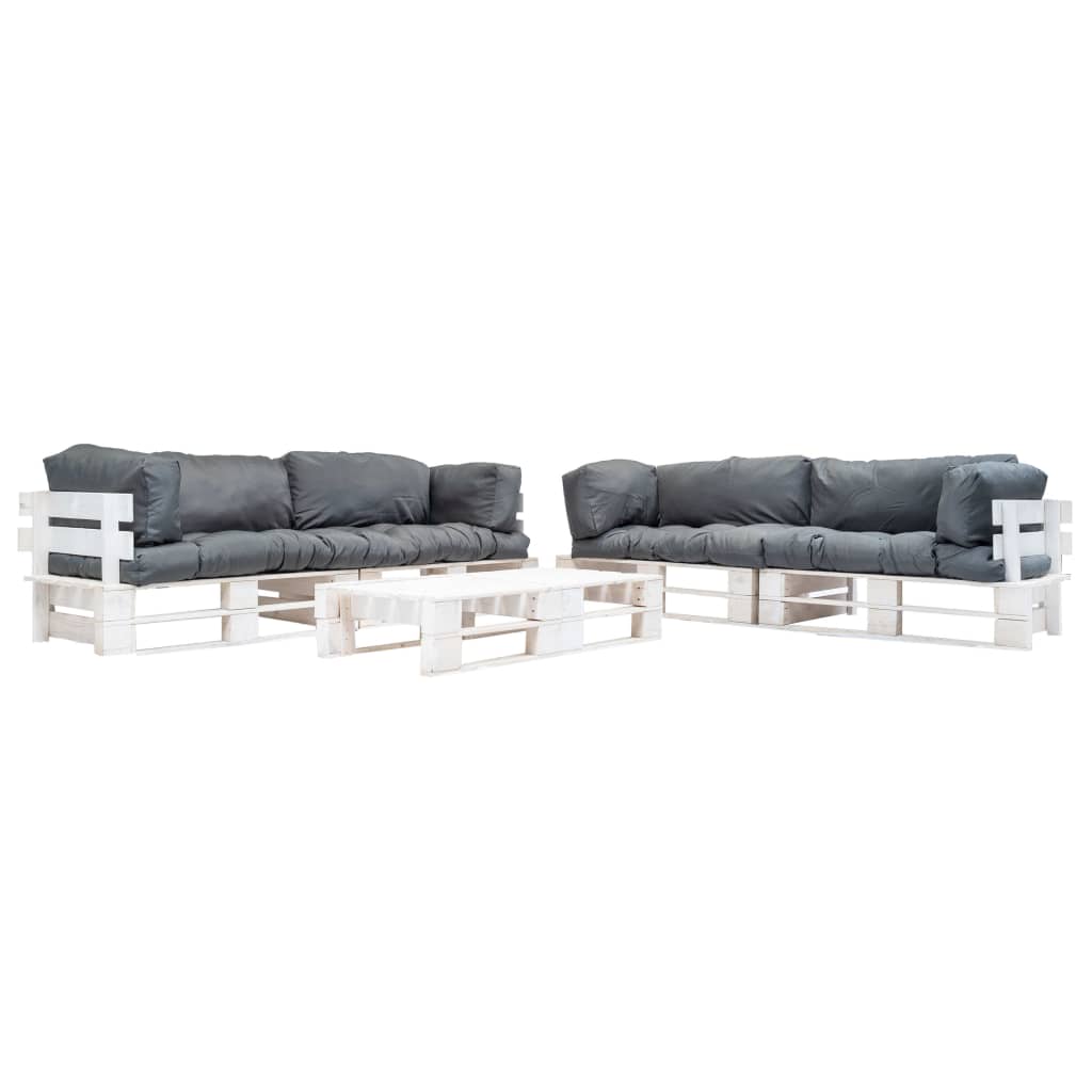Loungeset Pallet Met Grijze Kussens Hout Wit en grijs