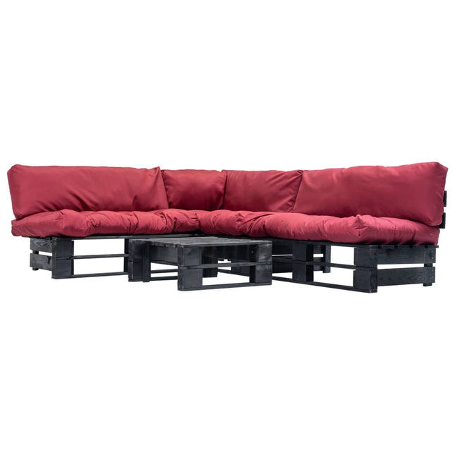 4-Delige Loungeset Pallet Met Rode Kussens Hout Zwart en rood