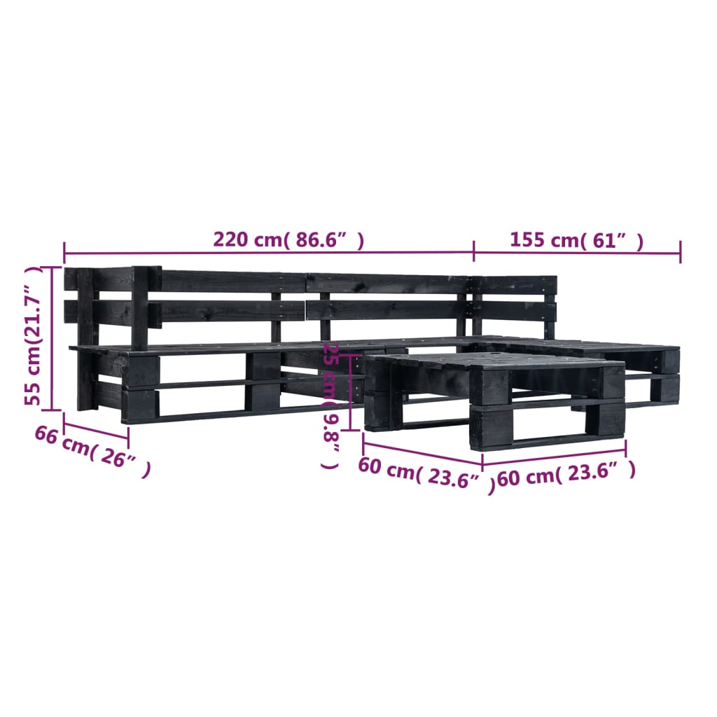 -Delige Loungeset Pallet Hout Zwart