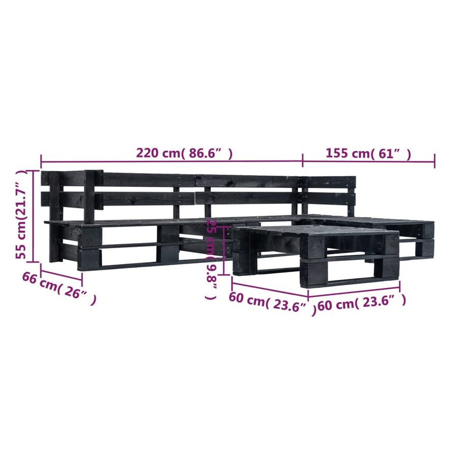 -Delige Loungeset Pallet Hout Zwart