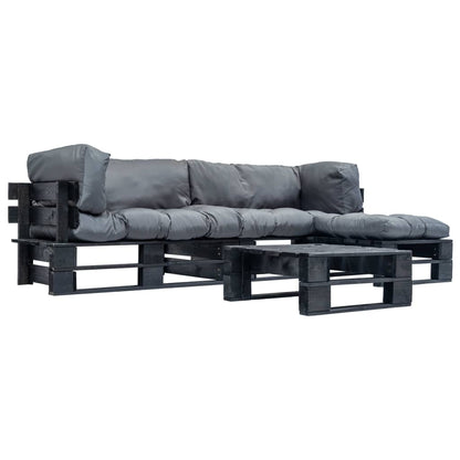 Loungeset Pallet Met Grijze Kussens Hout Zwart en grijs