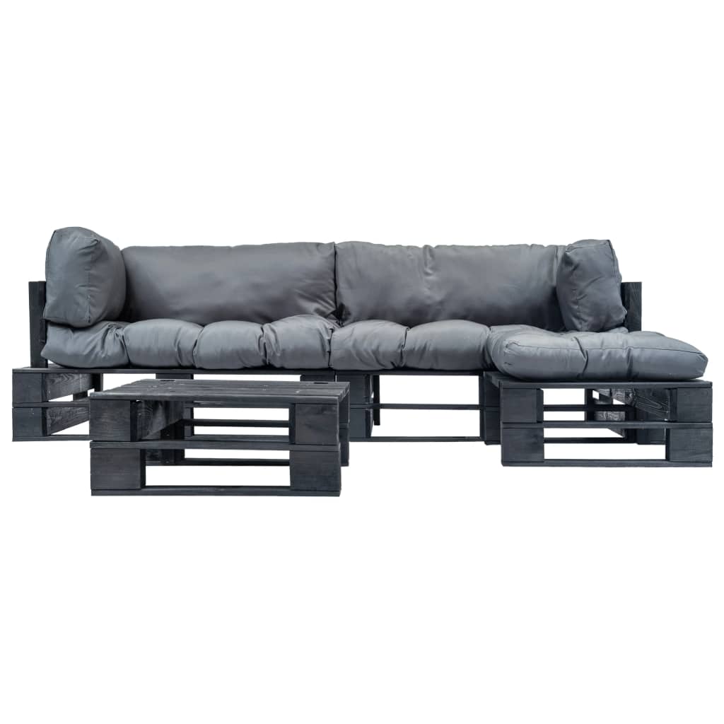 Loungeset Pallet Met Grijze Kussens Hout Zwart en grijs