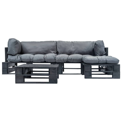 Loungeset Pallet Met Grijze Kussens Hout Zwart en grijs