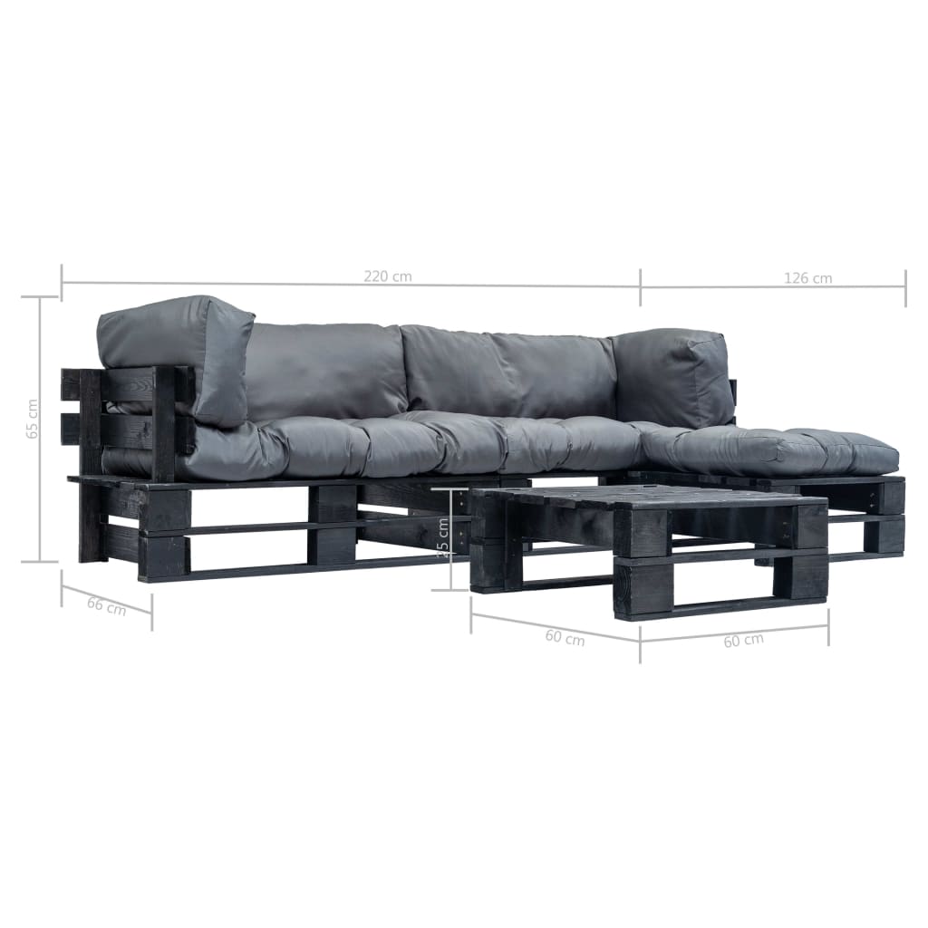 Loungeset Pallet Met Grijze Kussens Hout Zwart en grijs