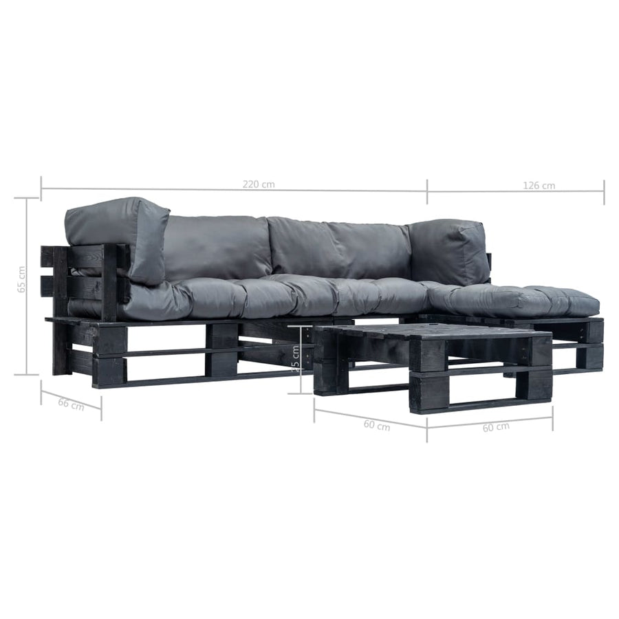 Loungeset Pallet Met Grijze Kussens Hout Zwart en grijs