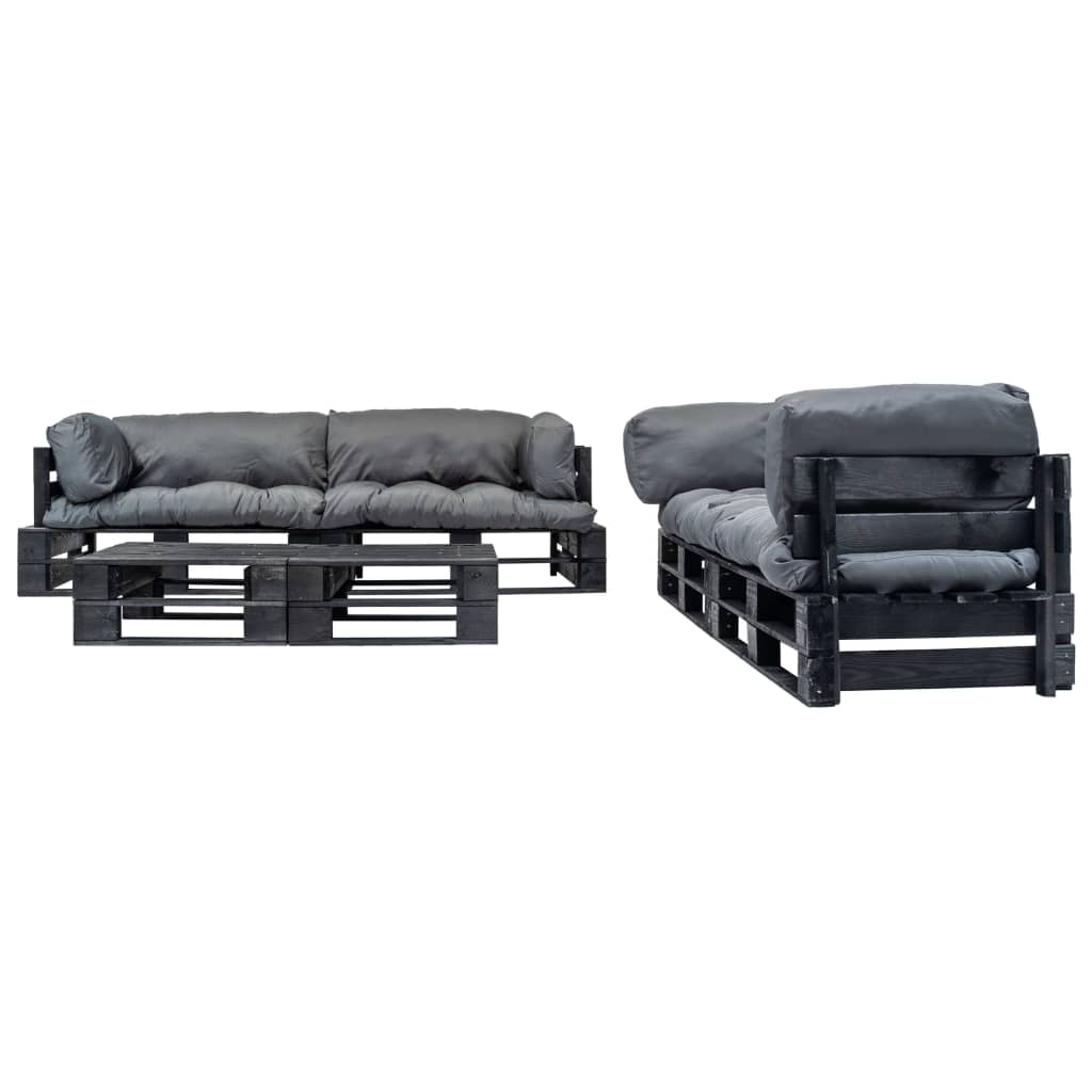 -Delige Loungeset Pallet Met Grijze Kussens Hout Zwart en grijs