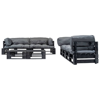 -Delige Loungeset Pallet Met Grijze Kussens Hout Zwart en grijs