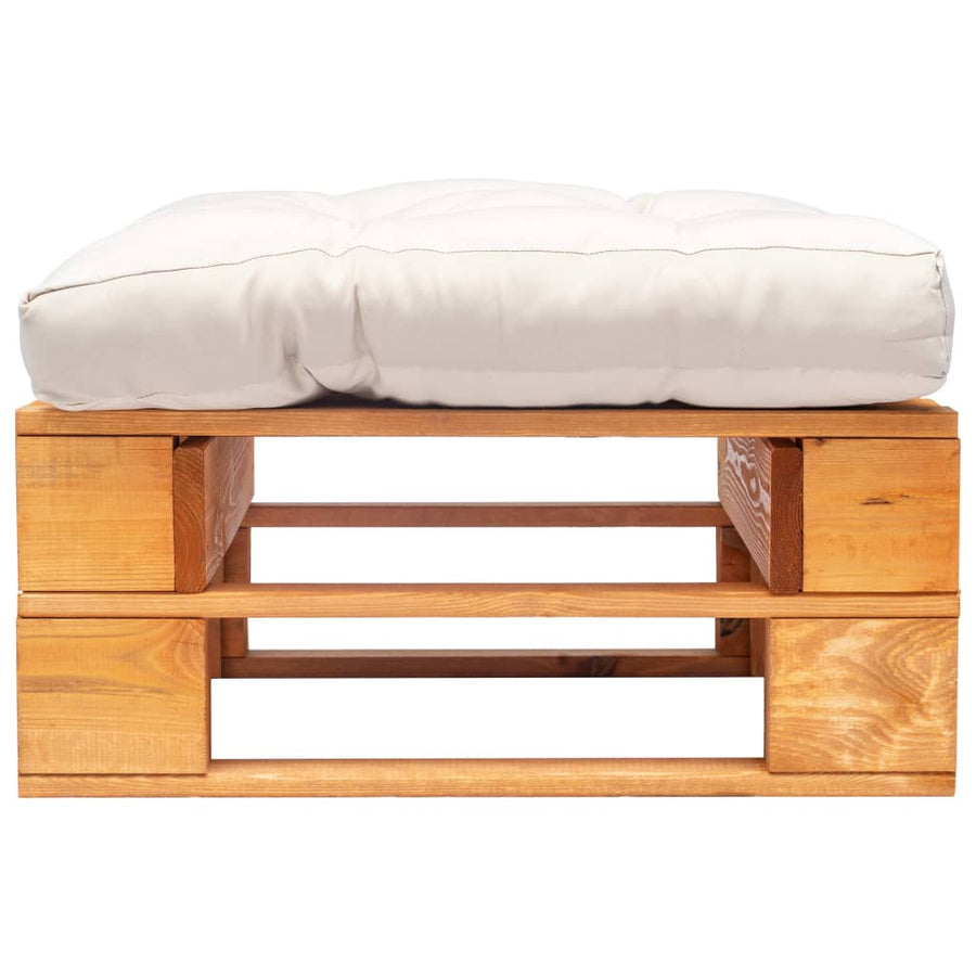 Tuinpoef met zandkleurig kussen pallet hout honingbruin