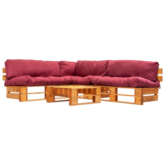 4-Delige Loungeset Pallets Met Rode Kussens Hout Bruin en rood