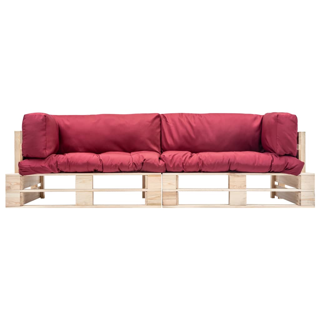 -Delige Tuinbankenset Pallet Met Rode Kussens Grenenhout Naturel en rood