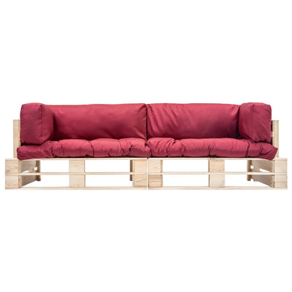 -Delige Tuinbankenset Pallet Met Rode Kussens Grenenhout Naturel en rood