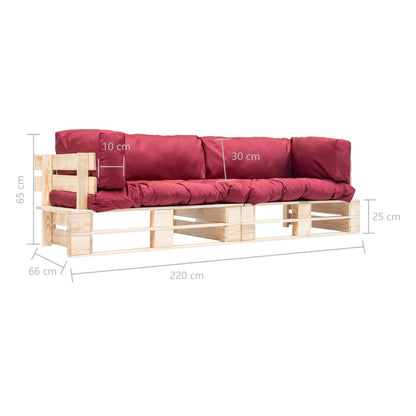 -Delige Tuinbankenset Pallet Met Rode Kussens Grenenhout Naturel en rood