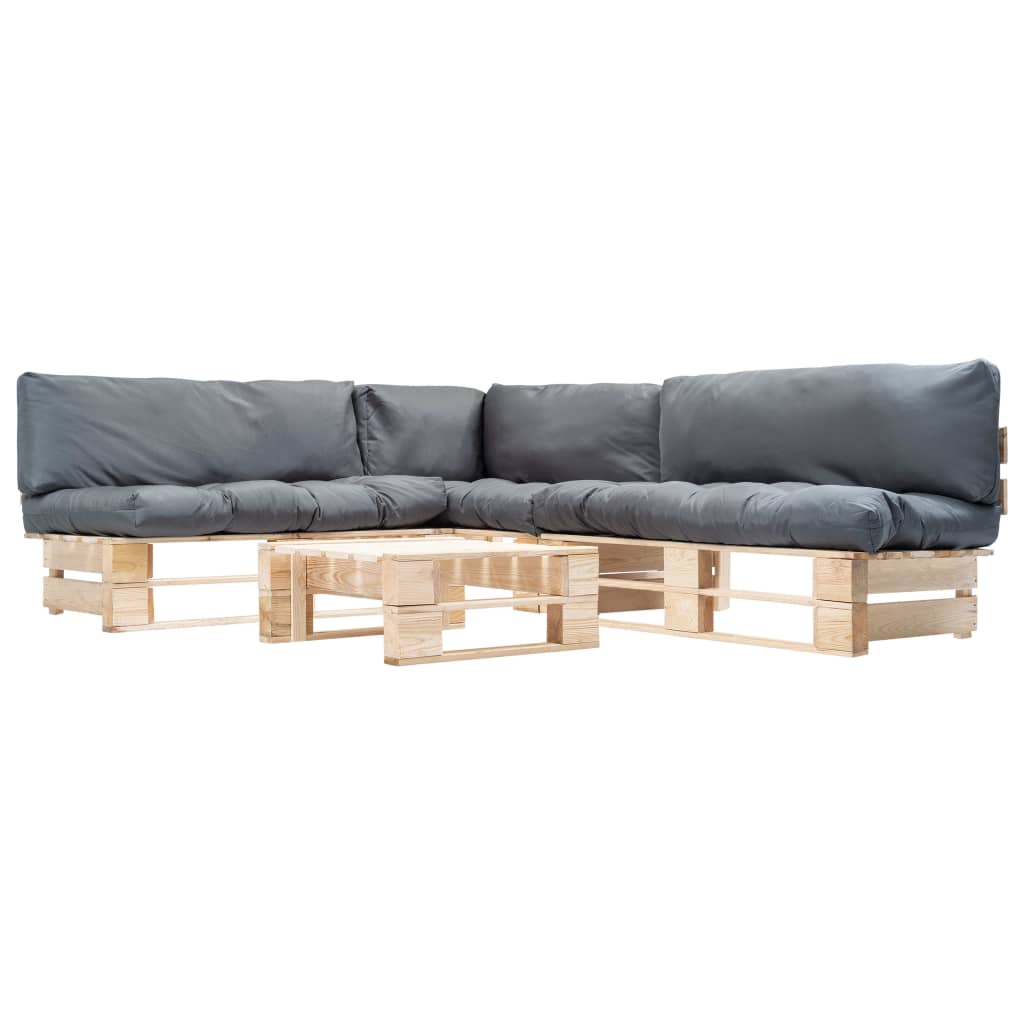 Loungeset Pallet Met Grijze Kussens Hout Naturel en grijs