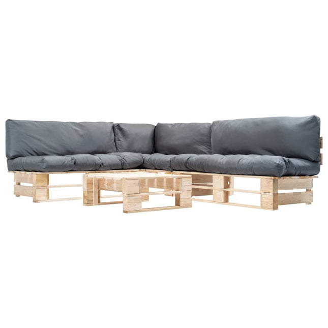 4-Delige Loungeset Pallet Met Grijze Kussens Hout Naturel en grijs