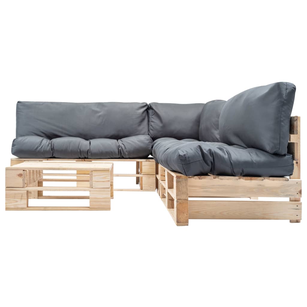 Loungeset Pallet Met Grijze Kussens Hout Naturel en grijs