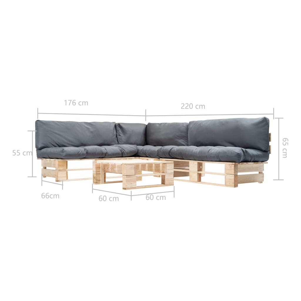 Loungeset Pallet Met Grijze Kussens Hout Naturel en grijs