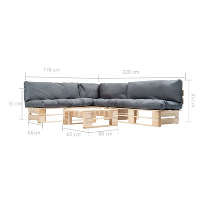 Loungeset Pallet Met Grijze Kussens Hout Naturel en grijs