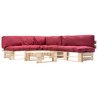 4-Delige Loungeset Pallet Met Rode Kussens Hout Naturel en rood