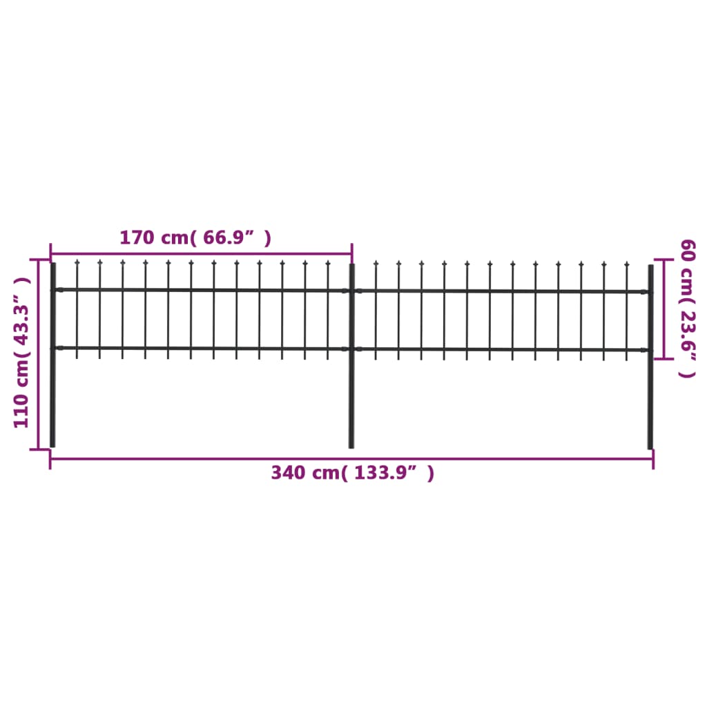 Tuinhek met speren bovenkant 3,4x0,6 m staal zwart 0.6 m 3.4 m