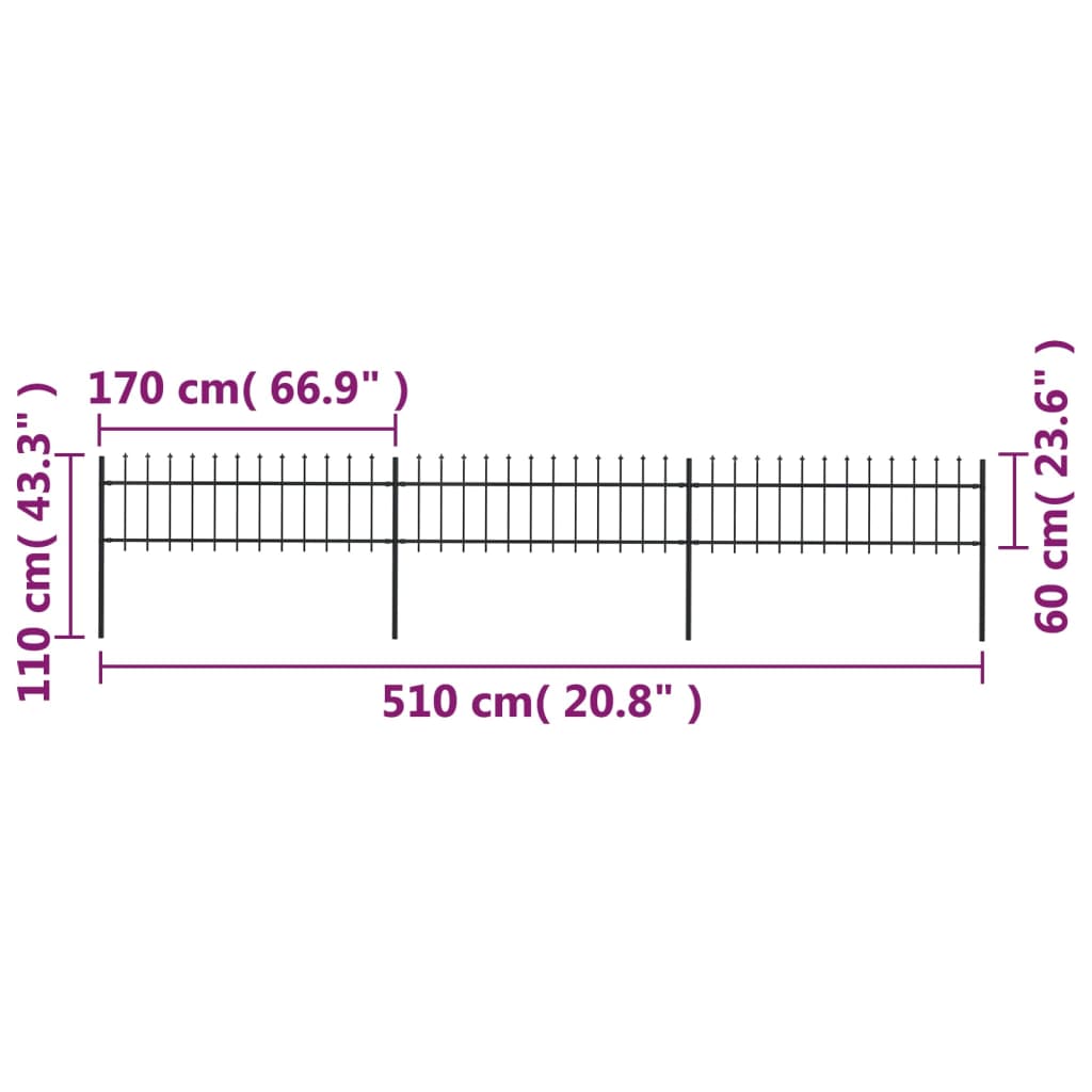 Tuinhek met speren bovenkant 5,1x0,6 m staal zwart 0.6 m 5.1 m