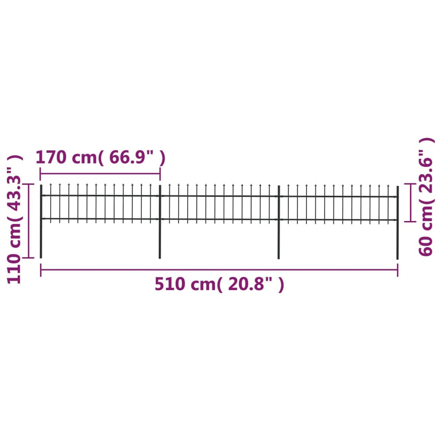 Tuinhek met speren bovenkant 5,1x0,6 m staal zwart 0.6 m 5.1 m