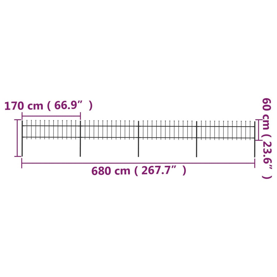 Tuinhek met speren bovenkant 6,8x0,6 m staal zwart 0.6 m 6.8 m
