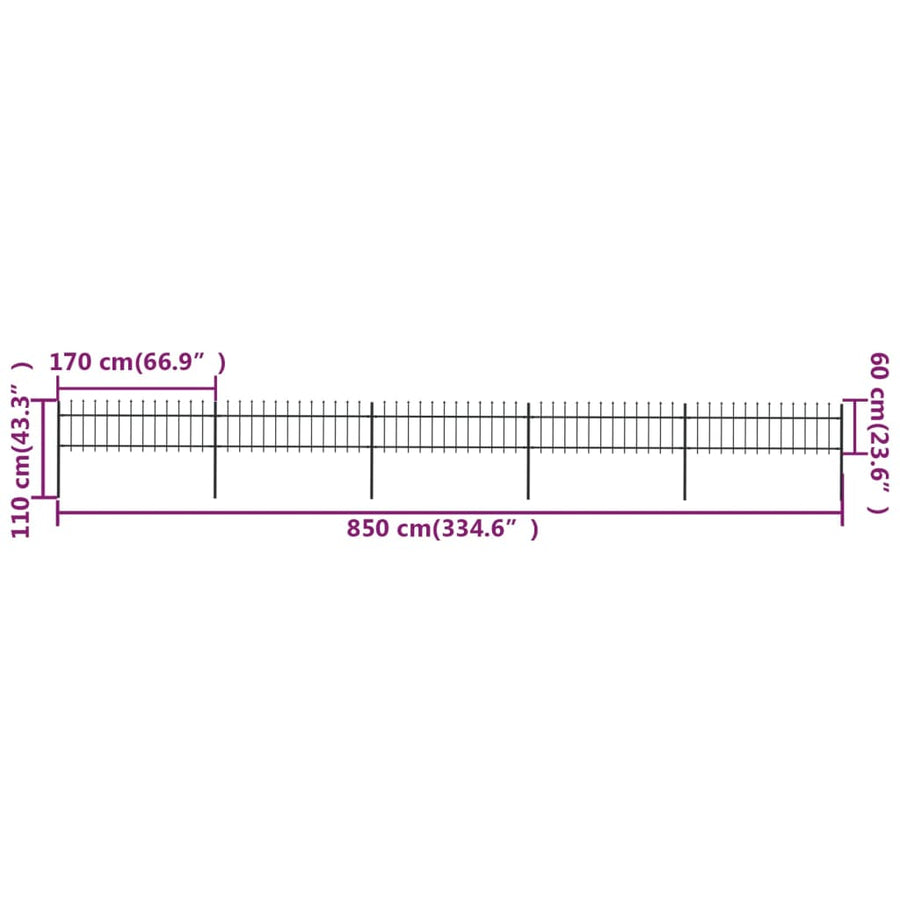 Tuinhek met speren bovenkant 8,5x0,6 m staal zwart 0.6 m 8.5 m