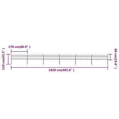 Tuinhek met speren bovenkant 10,2x0,6 m staal zwart 0.6 m 10.2 m