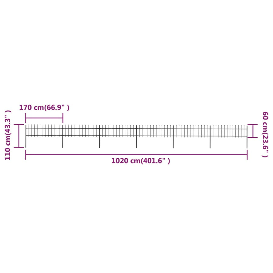 Tuinhek met speren bovenkant 10,2x0,6 m staal zwart 0.6 m 10.2 m