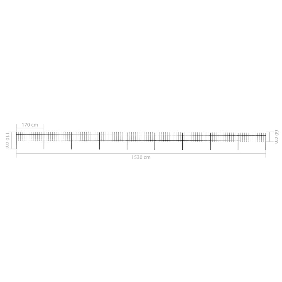 Tuinhek met speren bovenkant 15,3x0,6 m staal zwart 0.6 m 15.3 m