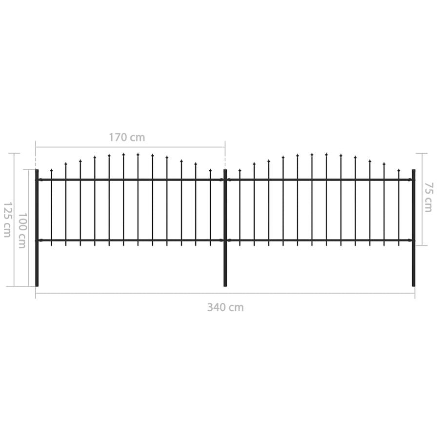 Tuinhek met speren bovenkant (0,5-0,75)x3,4 m staal zwart 50-75 cm 3.4 m