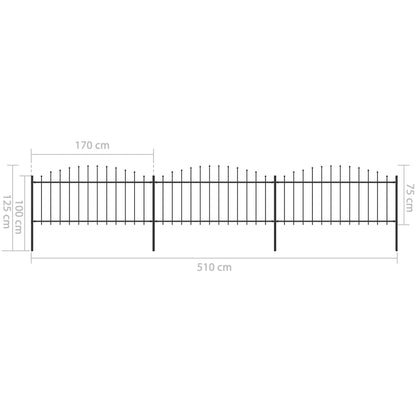 Tuinhek met speren bovenkant (0,5-0,75)x5,1 m staal zwart 50-75 cm 5.1 m