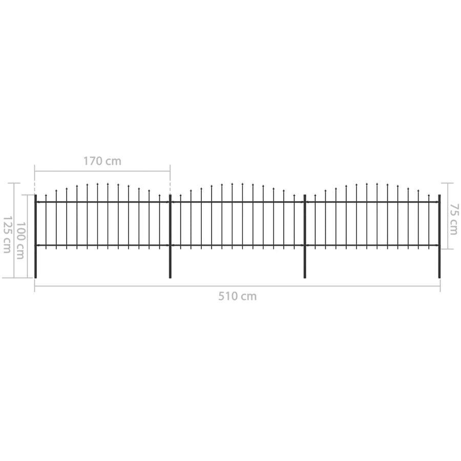 Tuinhek met speren bovenkant (0,5-0,75)x5,1 m staal zwart 50-75 cm 5.1 m