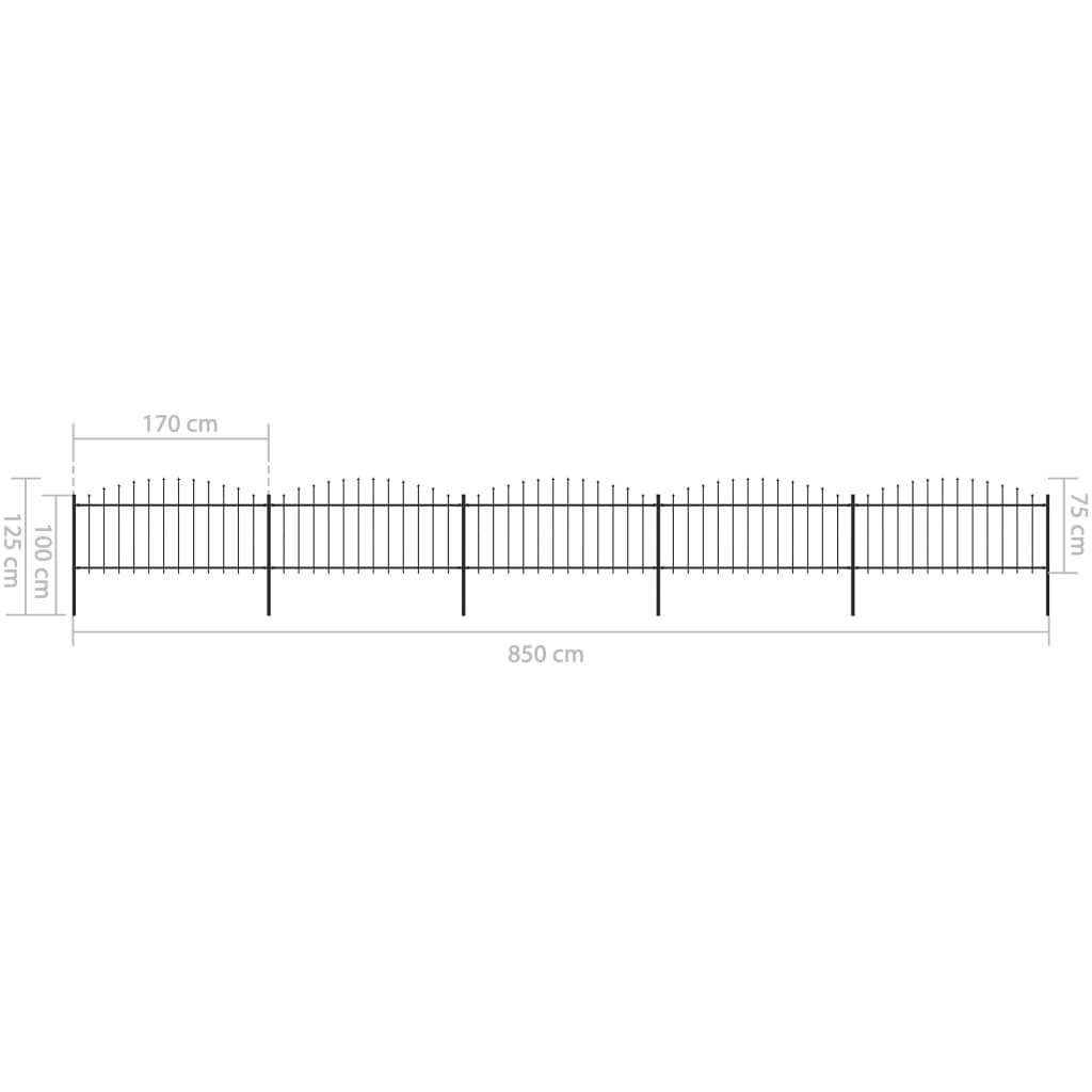 Tuinhek met speren bovenkant (0,5-0,75)x8,5 m staal zwart 50-75 cm 8.5 m