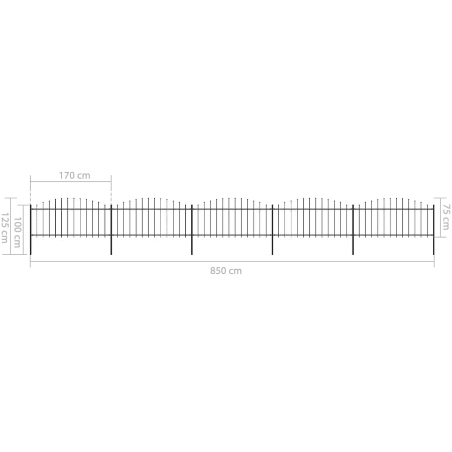 Tuinhek met speren bovenkant (0,5-0,75)x8,5 m staal zwart 50-75 cm 8.5 m