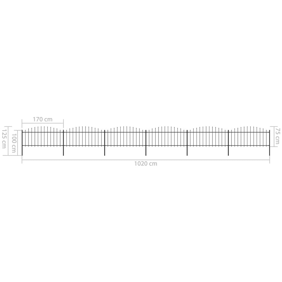 Tuinhek met speren bovenkant (0,5-0,75)x10,2 m staal zwart 50-75 cm 10.2 m