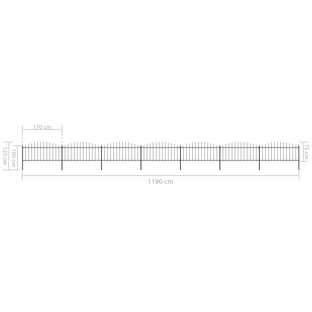 Tuinhek met speren bovenkant (0,5-0,75)x11,9 m staal zwart 50-75 cm 11.9 m