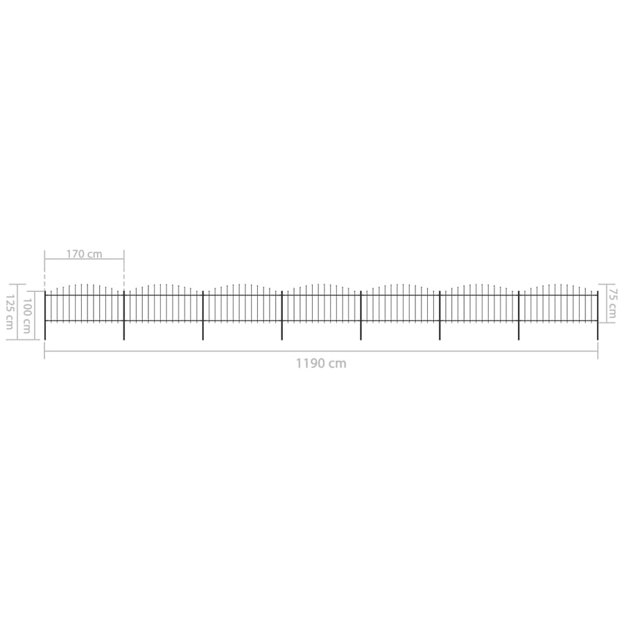 Tuinhek met speren bovenkant (0,5-0,75)x11,9 m staal zwart 50-75 cm 11.9 m